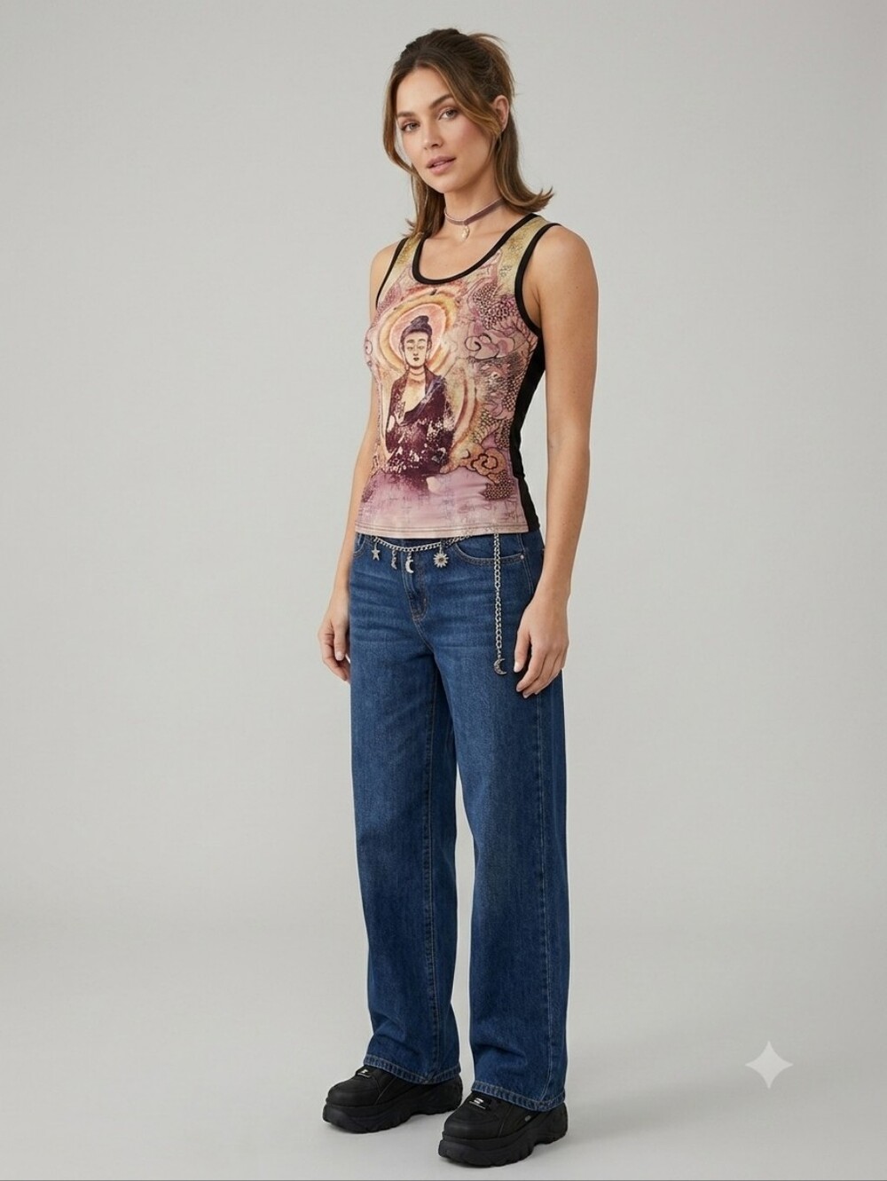 Vintage KOS USA Buddha Dragon Graphic Tank Top Large Y2K Phoebe Buffay Style